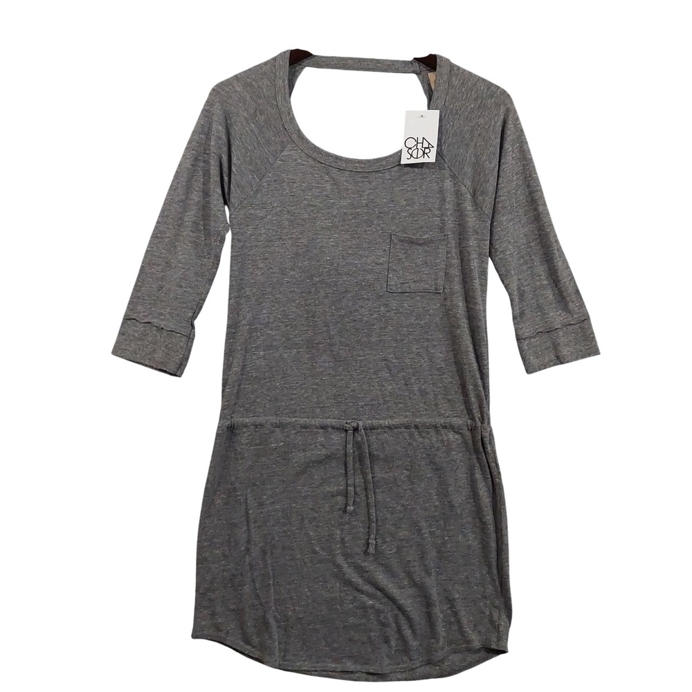 Chaser Mini Dress Women Medium Grey 3/4 Sleeve Draped Cowl Back Drawstring Waist